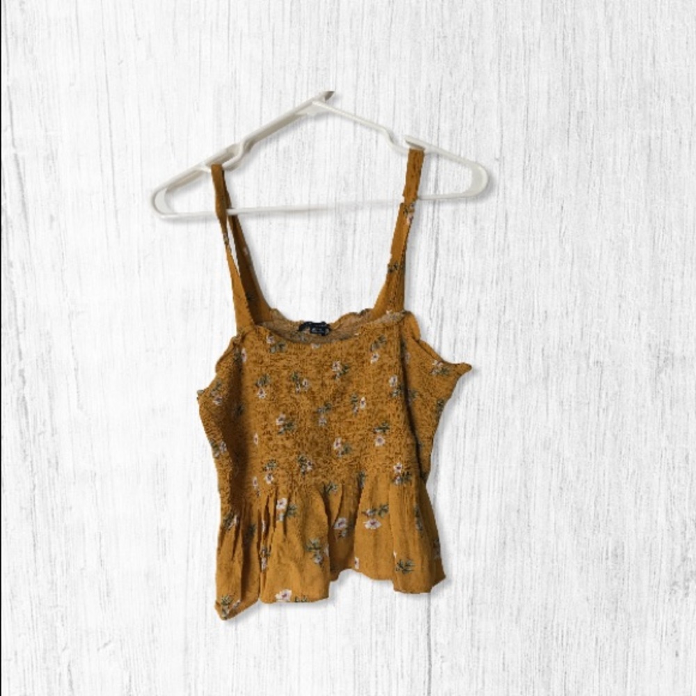 American Eagle Mustard Yellow Cropped Floral Peplum Stretch Square Neck Tank